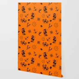 Orange And Black Silhouettes Of Vintage Nautical Pattern Wallpaper