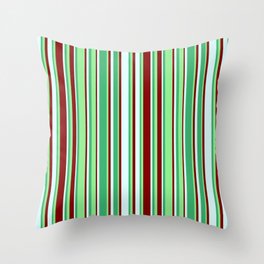 [ Thumbnail: Sea Green, Light Green, Maroon, and Light Cyan Colored Striped Pattern Throw Pillow ]