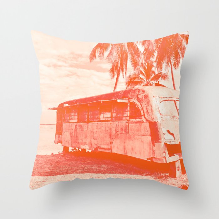 Cuba Bus Travel Caribbean Island Beach Tropical Palm Trees Orange Sunset Ocean Surf Swimming Summer Landscape Throw Pillow