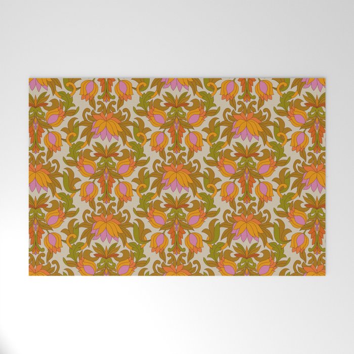 Orange, Pink Flowers and Green Leaves 1960s Retro Vintage Pattern Welcome Mat