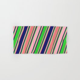 [ Thumbnail: Lime Green, Light Pink, Light Coral & Midnight Blue Colored Lines/Stripes Pattern Hand & Bath Towel ]
