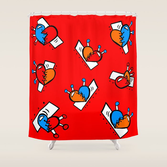 Hearts With Stitches Blue Red Orange Bright Red Shower Curtain