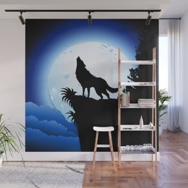 Wolf Howling at Blue Moon Wall Mural