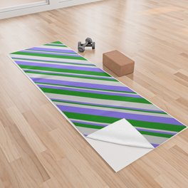 [ Thumbnail: Light Gray, Medium Slate Blue & Green Colored Lines/Stripes Pattern Yoga Towel ]