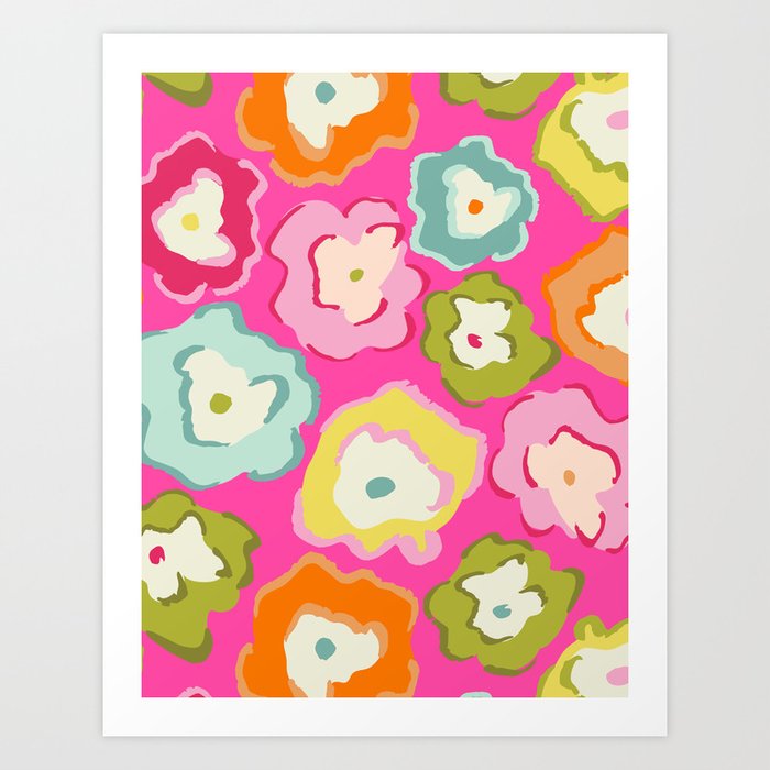 Abstract Colorful Matisse Summer Flowers On Shiny Pink Art Print