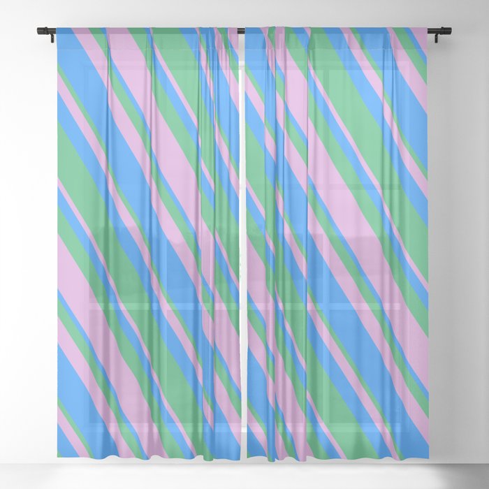 Blue, Sea Green, and Plum Colored Pattern of Stripes Sheer Curtain