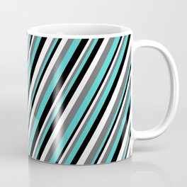 [ Thumbnail: White, Dim Gray, Turquoise, and Black Colored Lined Pattern Coffee Mug ]