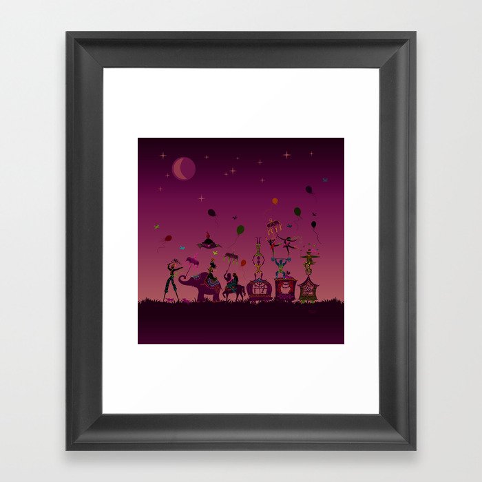 colorful circus carnival traveling in one row at night Framed Art Print