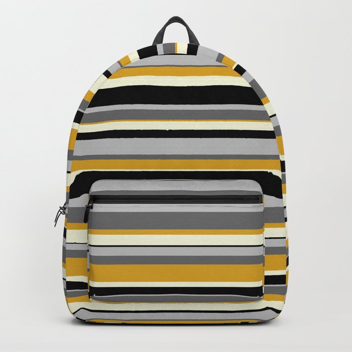 Eyecatching Dim Grey, Goldenrod, Beige, Black & Grey Colored Pattern of Stripes Backpack