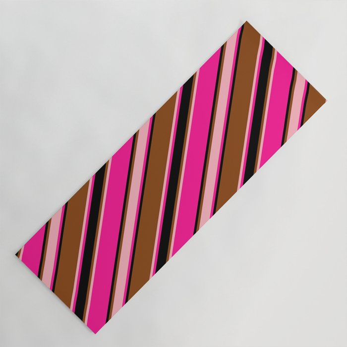 Brown, Light Pink, Deep Pink & Black Colored Stripes/Lines Pattern Yoga Mat
