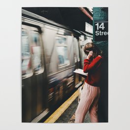 Young woman reading in New York’s subway Poster