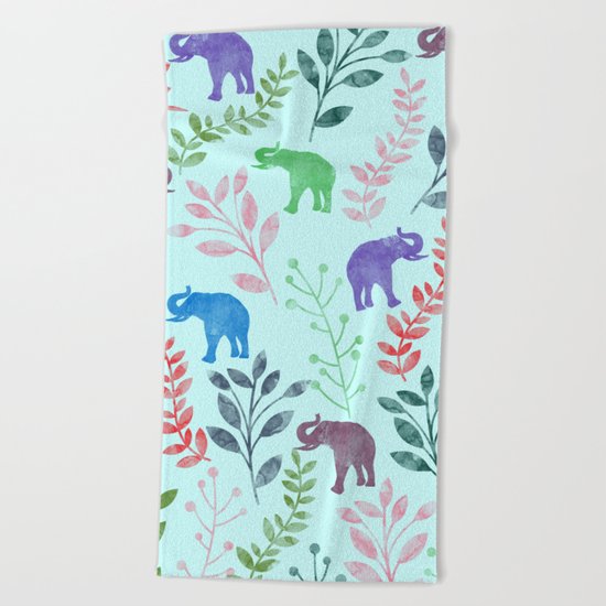 Watercolor Flowers & Elephants II Beach Towel