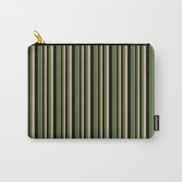 [ Thumbnail: Tan, Black & Dark Olive Green Colored Lined Pattern Carry-All Pouch ]