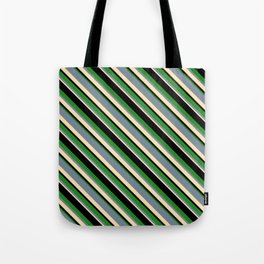 [ Thumbnail: Light Slate Gray, Beige, Black, and Forest Green Colored Lined Pattern Tote Bag ]