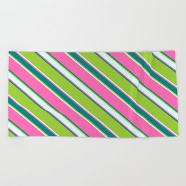 [ Thumbnail: Hot Pink, Teal, Green, and Light Cyan Colored Stripes/Lines Pattern Beach Towel ]