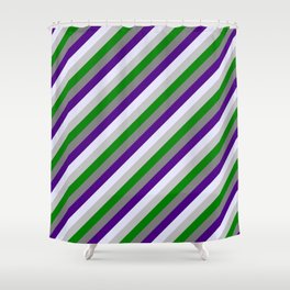 [ Thumbnail: Eye-catching Gray, Indigo, Lavender, Grey, and Green Colored Lined Pattern Shower Curtain ]