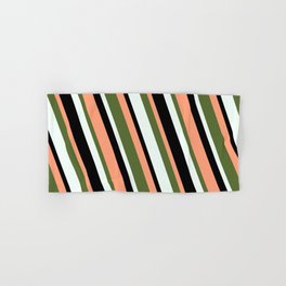 [ Thumbnail: Light Salmon, Dark Olive Green, Mint Cream, and Black Colored Pattern of Stripes Hand & Bath Towel ]