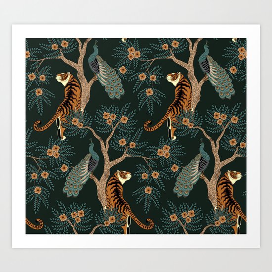 Vintage tiger and peacock Art Print by Julyis | Society6