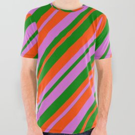 [ Thumbnail: Orchid, Green & Red Colored Stripes/Lines Pattern All Over Graphic Tee ]