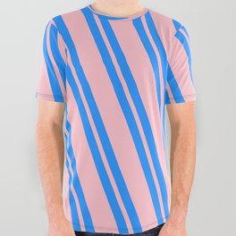 [ Thumbnail: Blue and Pink Colored Striped Pattern All Over Graphic Tee ]