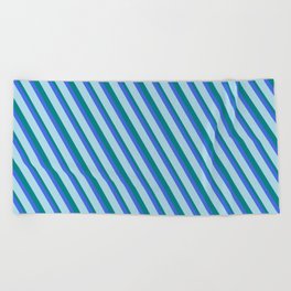 [ Thumbnail: Light Blue, Teal, and Royal Blue Colored Lined Pattern Beach Towel ]