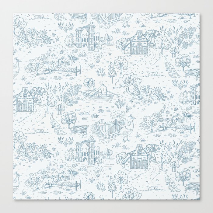 peacock island toile de jouy | teal blue on gray Canvas Print