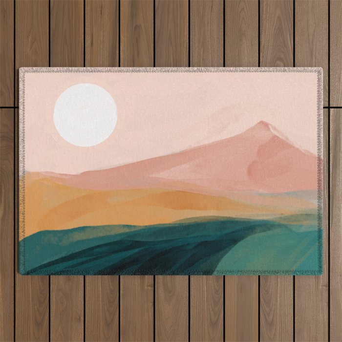 pink, green, gold moon watercolor mountains Outdoor Rug