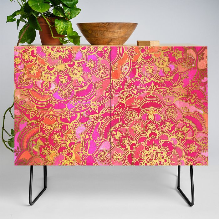 Hot Pink and Gold Baroque Floral Pattern Credenza