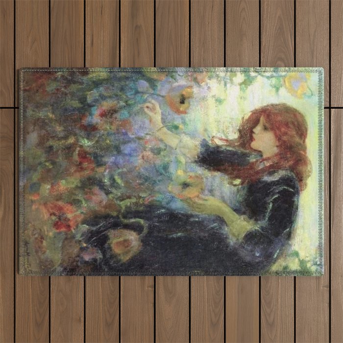 The Girl with Red Hair Picking Red Poppies portrait painting by Laura Muntz Lyall Outdoor Rug