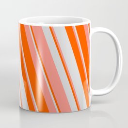 [ Thumbnail: Red, Light Grey & Salmon Colored Striped/Lined Pattern Coffee Mug ]