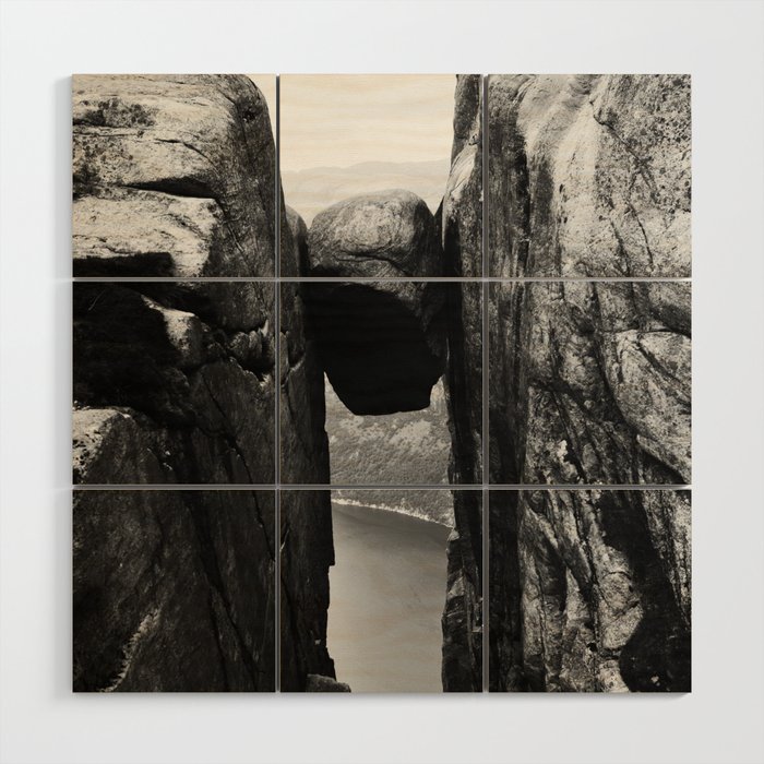 Nordic print, black white wall art, Amazing fjord, Norway cliffs, kjeragbolten, holiday Wood Wall Art