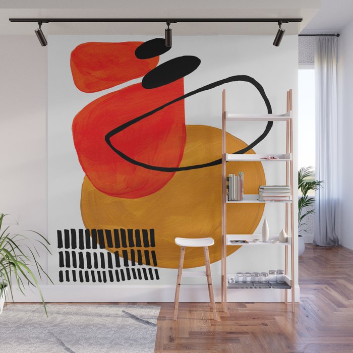 Mid Century Modern Abstract Vintage Pop Art Space Age Pattern Orange Yellow Black Orbit Accent Wall Mural