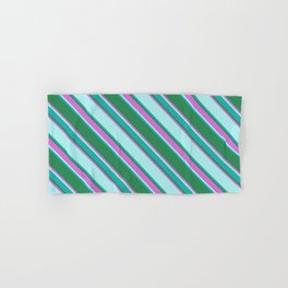[ Thumbnail: Sea Green, Orchid, Turquoise & Light Sea Green Colored Lined Pattern Hand & Bath Towel ]