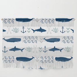 nautical whales sharks and anchors in navy grey white kids nursery boys girls decor Wall Hanging
