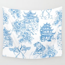 Chinoiserie Toile de Jouy Tiger Pagoda Blue & White Art Wall Tapestry