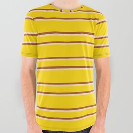 [ Thumbnail: Yellow, Sienna & Tan Colored Lines/Stripes Pattern All Over Graphic Tee ]
