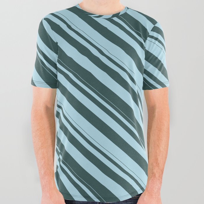 Dark Slate Gray & Light Blue Colored Lines Pattern All Over Graphic Tee