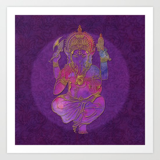 Ganesha hindu god watercolor gold purple art Art Print