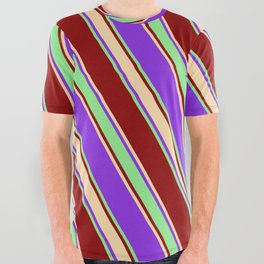 [ Thumbnail: Purple, Light Green, Dark Red & Tan Colored Stripes/Lines Pattern All Over Graphic Tee ]