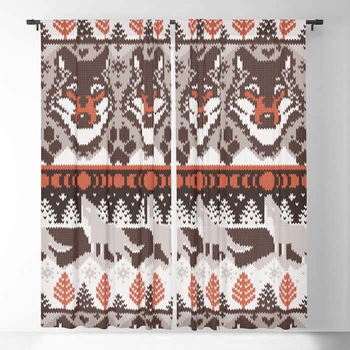 Fair isle knitting grey wolf // oak and taupe brown wolves orange moons and pine trees Blackout Curtain