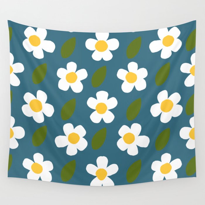 Little White Flowers Retro Modern Floral On Midnight Blue Wall Tapestry