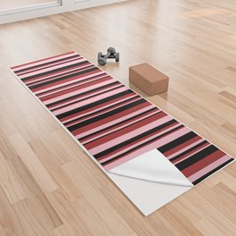 [ Thumbnail: Pink, Brown & Black Colored Striped Pattern Yoga Towel ]