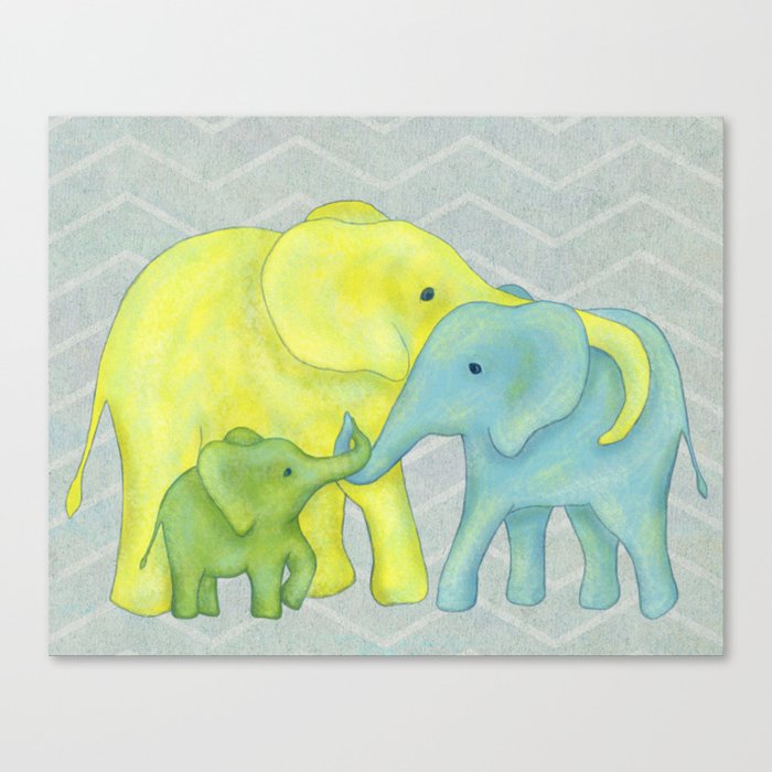 Elephant Family of Three in Yellow, Blue and Green Canvas Print