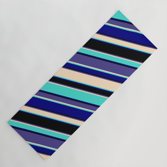 Eye-catching Dark Slate Blue, Bisque, Turquoise, Blue, and Black Colored Lined/Striped Pattern Yoga Mat
