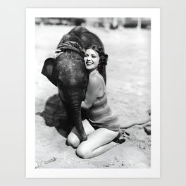 The baby elephant walk; female with baby elephant heart warming animal black and white portrait photograph - photography - photographs Art Print