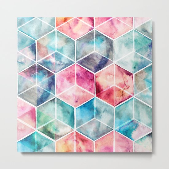 Translucent Watercolor Hexagon Cubes Metal Print