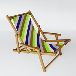 [ Thumbnail: Eyecatching Green, Tan, Blue, Dark Grey, and Brown Colored Lined/Striped Pattern Sling Chair ]