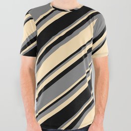 [ Thumbnail: Black, Grey & Beige Colored Striped Pattern All Over Graphic Tee ]