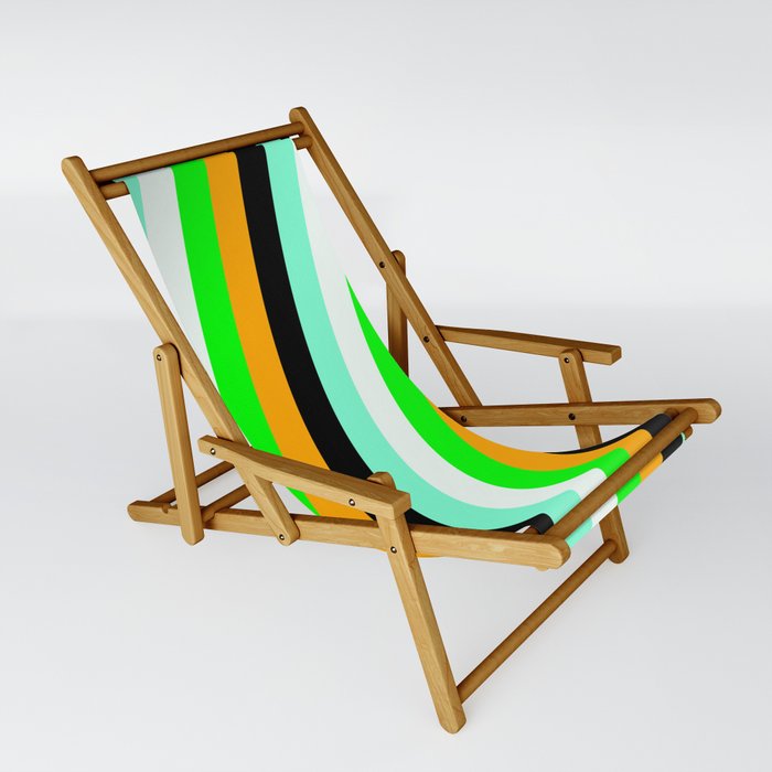 Vibrant Lime, Orange, Black, Aquamarine & Mint Cream Colored Pattern of Stripes Sling Chair