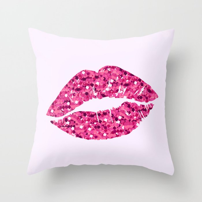Glitter Pink Lips Print Throw Pillow